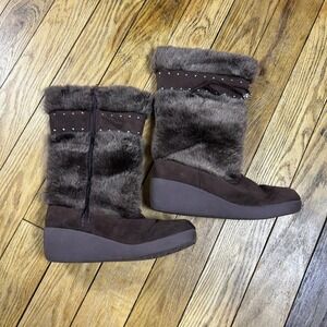 Y2K Limited Too Brown Faux Fur Wedge Boots Rhinestone Zip Up Size Unknown‎
